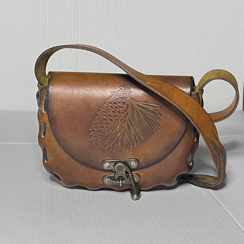 Vintage Tooled Leather Structured Crossbody Bag - Picture 1 of 15